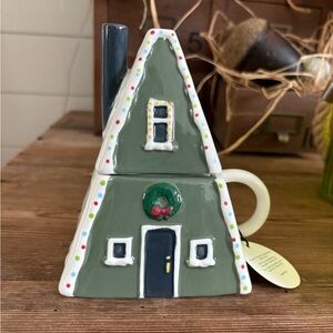 West Elm White and Green Ceramic “Holiday Skiers Figural House Mug”